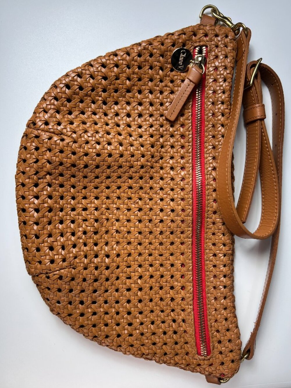 CLARE V. Grande Fanny Bag Tan Rattan Woven Leather Belt Bag Crossbody Fanny - Picture 3 of 9